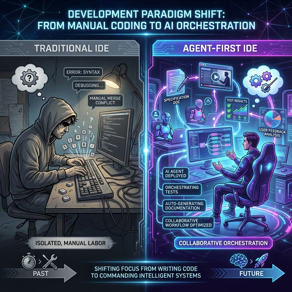 Traditional IDE versus Agent-First IDE comparison