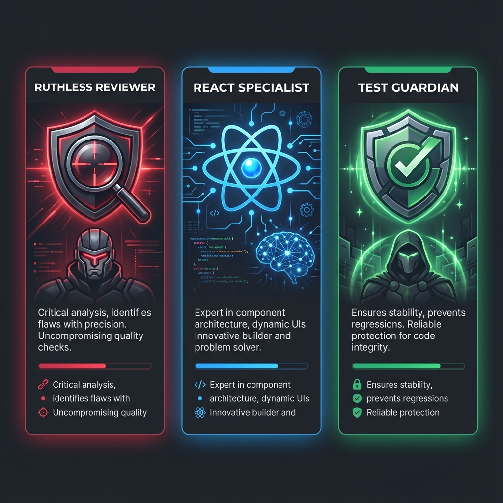Three dominant agent personas: Ruthless Reviewer, React Specialist, Test Guardian