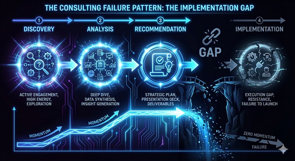 The Four Phases of Consulting - showing the gap between Recommendation and Implementation